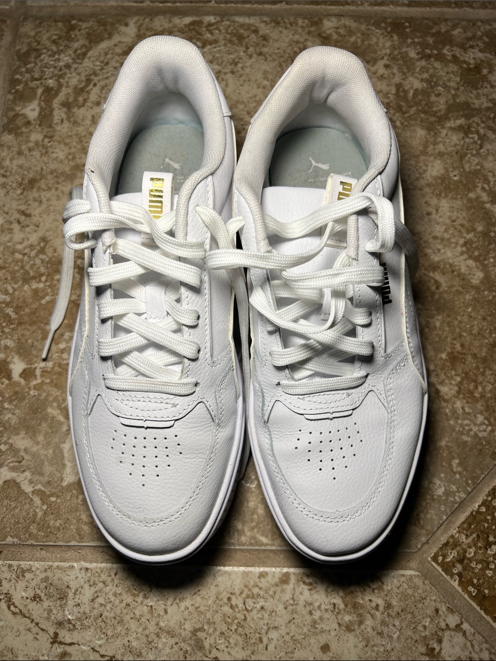 Puma White Low-Top Leather Sneakers with Gold Logo